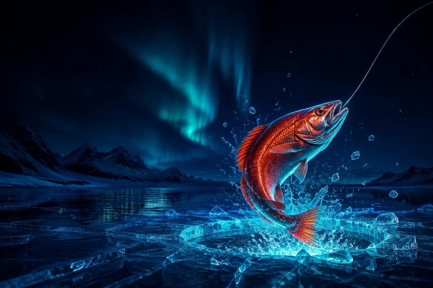 Original Arctic illustration: an orange fish rises above a glowing ice hole