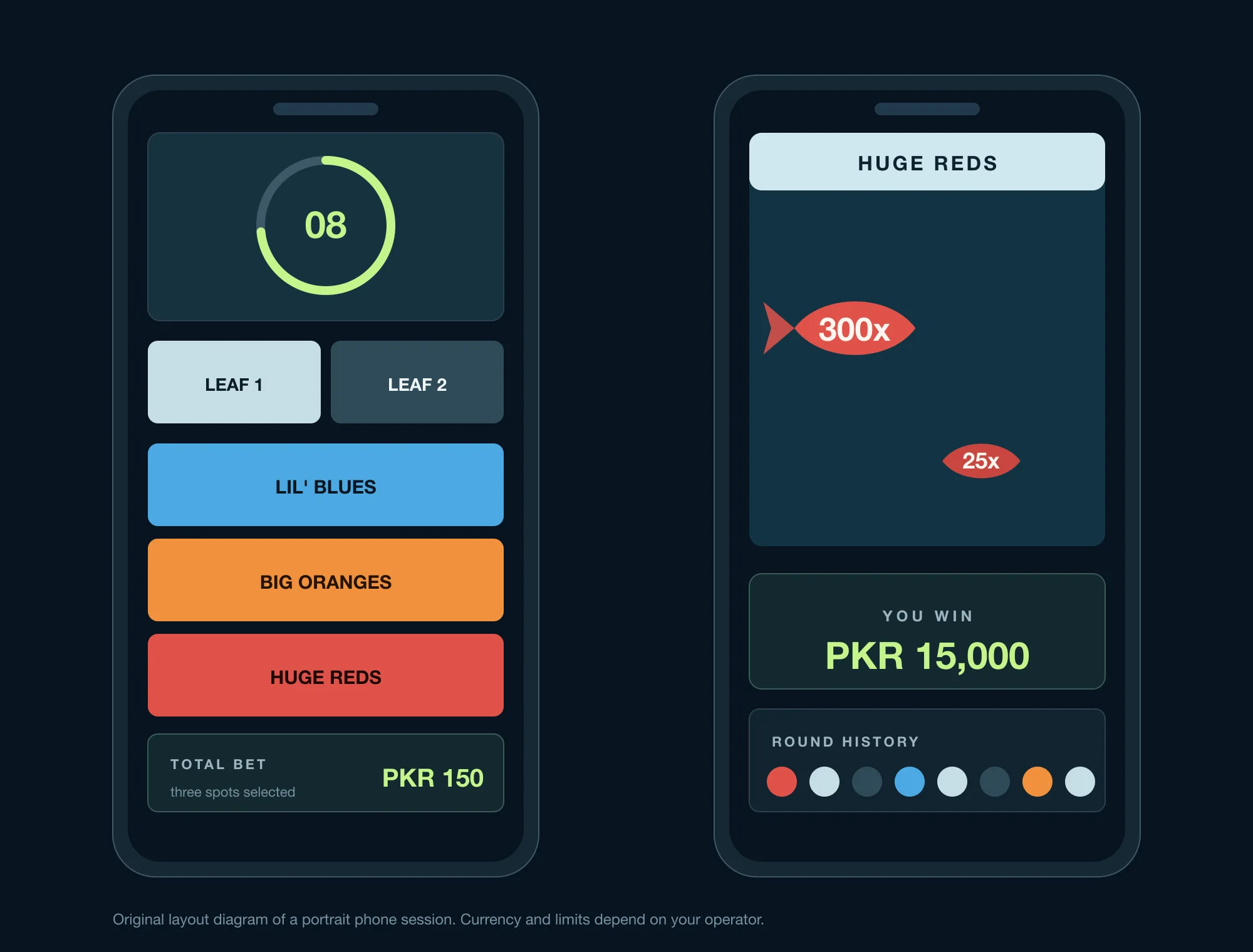 Two phone screens showing an Ice Fishing betting board and a bonus game payout