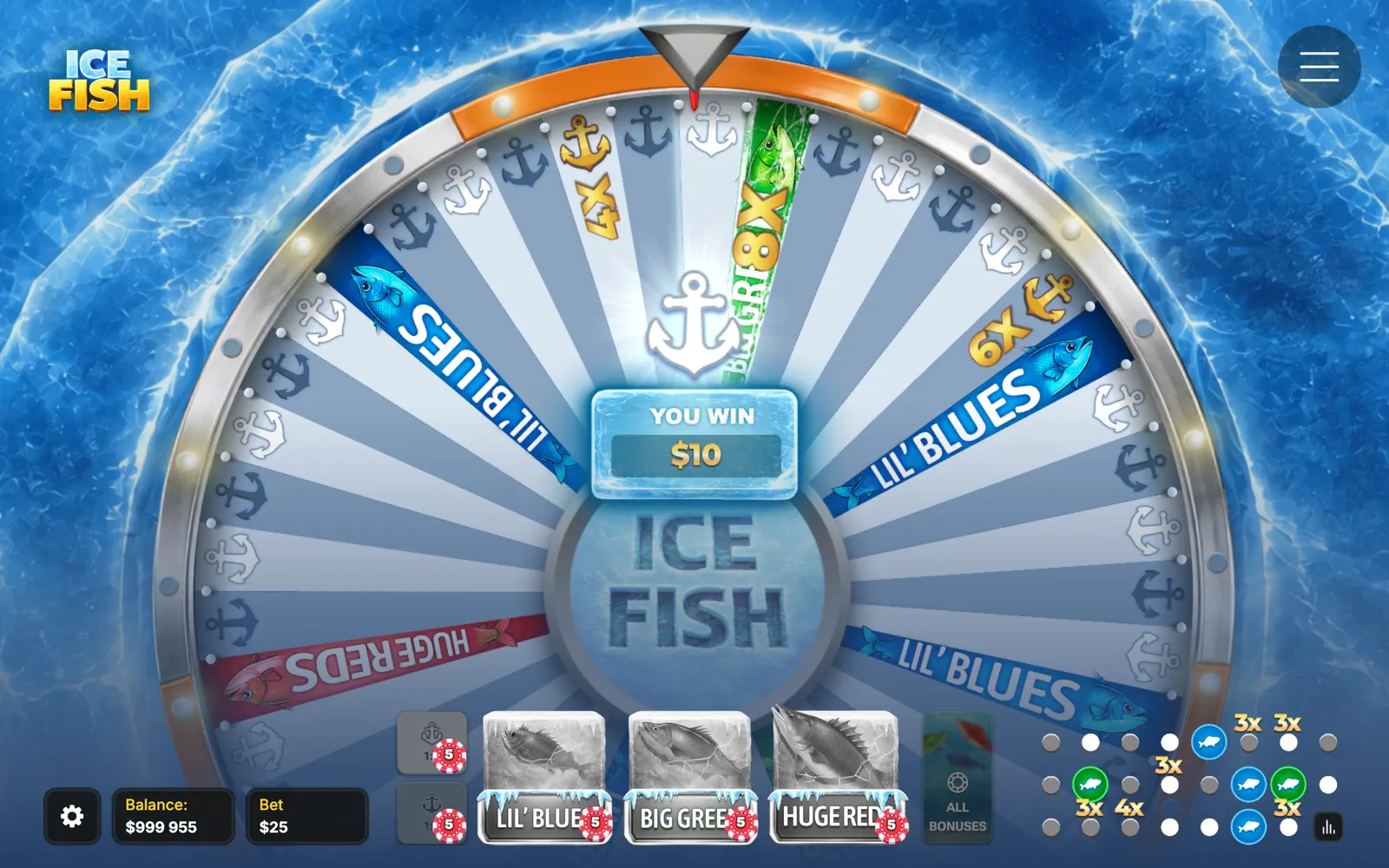 Ice Fish anchor result paying 10 dollars on a 5 dollar bet