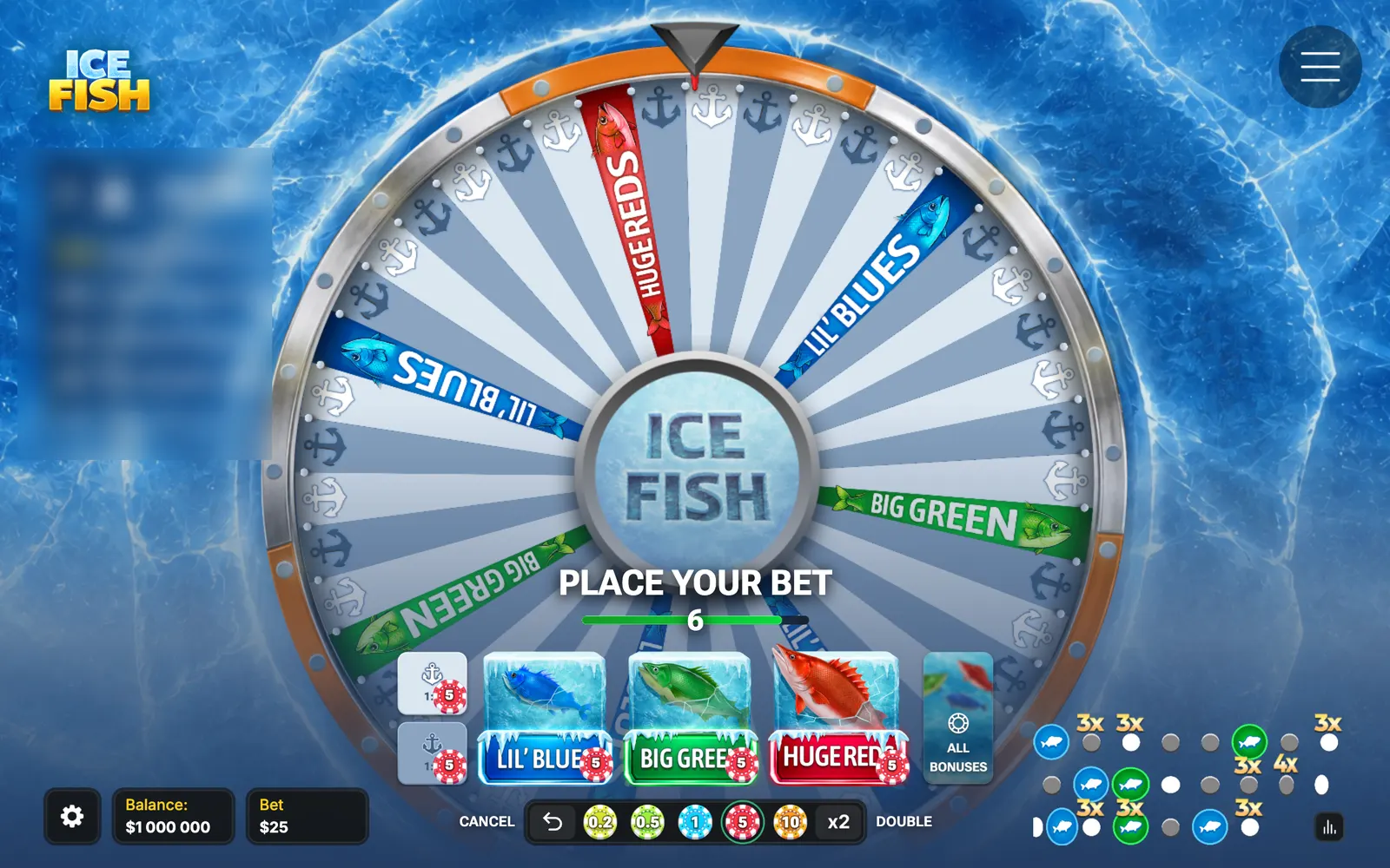Ice Fish demo betting board: the 45-sector wheel, five chips placed, total bet 25 dollars and a 6-second timer