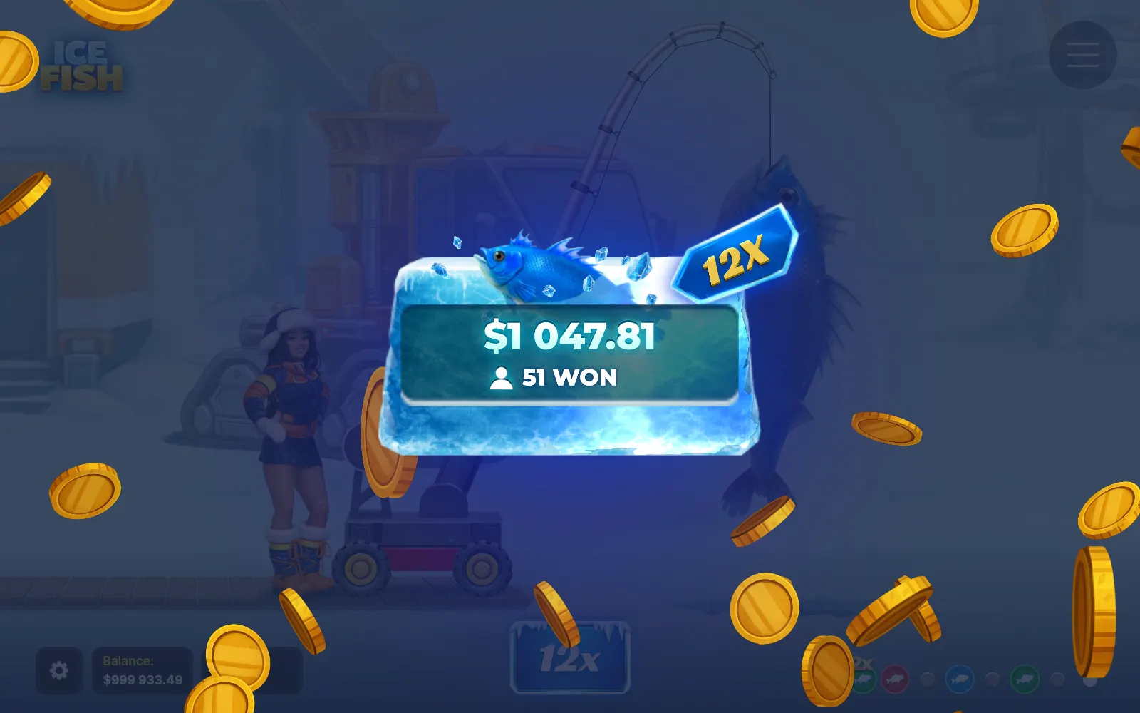 Ice Fish bonus payout screen showing a 12x multiplier and a 1,047.81 win