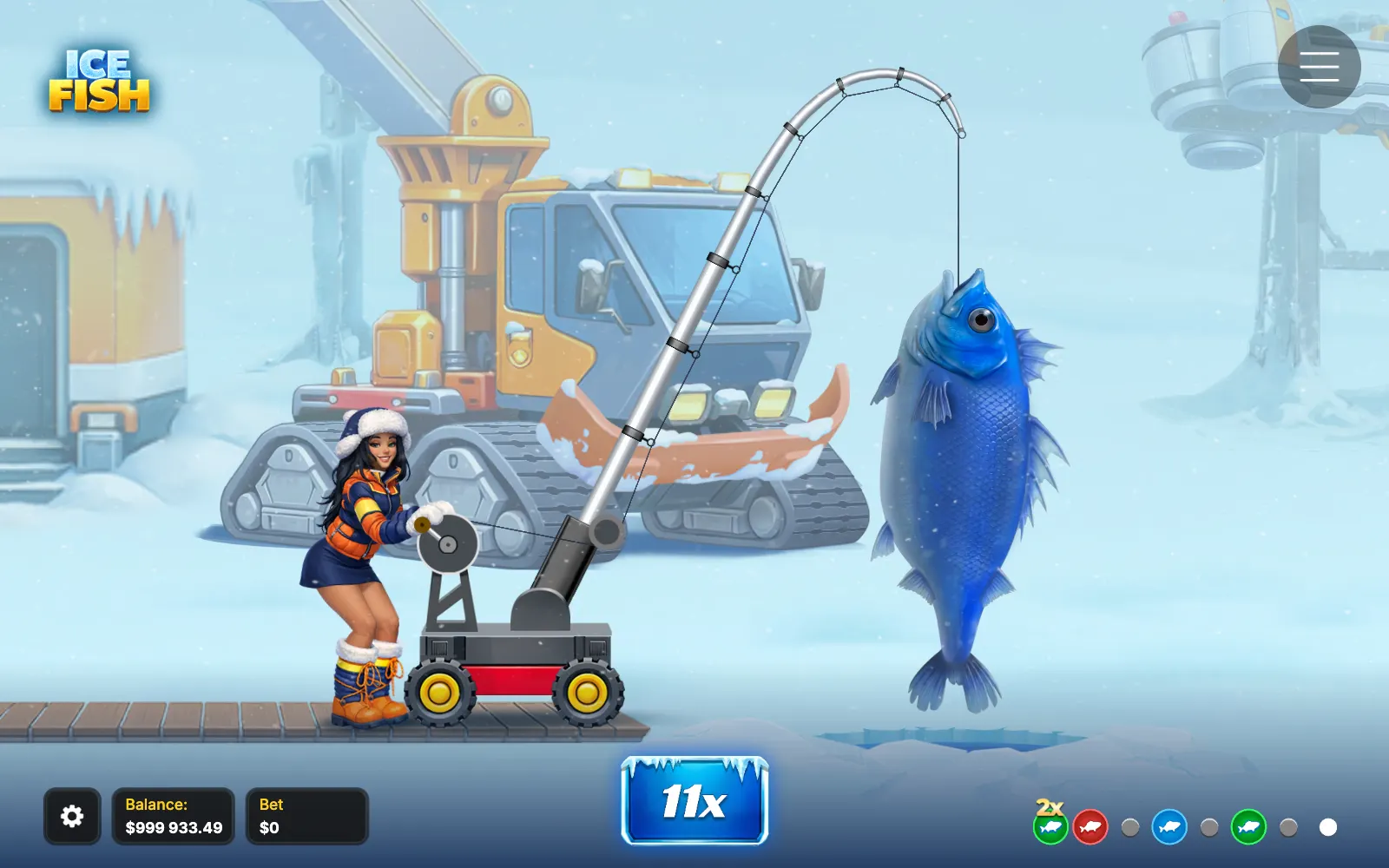 Ice Fish bonus game: a large blue fish being reeled out of the ice with the multiplier counter at 11x