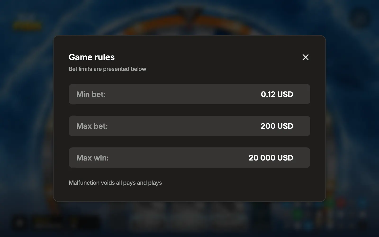 Ice Fish in-game rules panel: minimum bet 0.12 USD, maximum bet 200 USD, maximum win 20,000 USD
