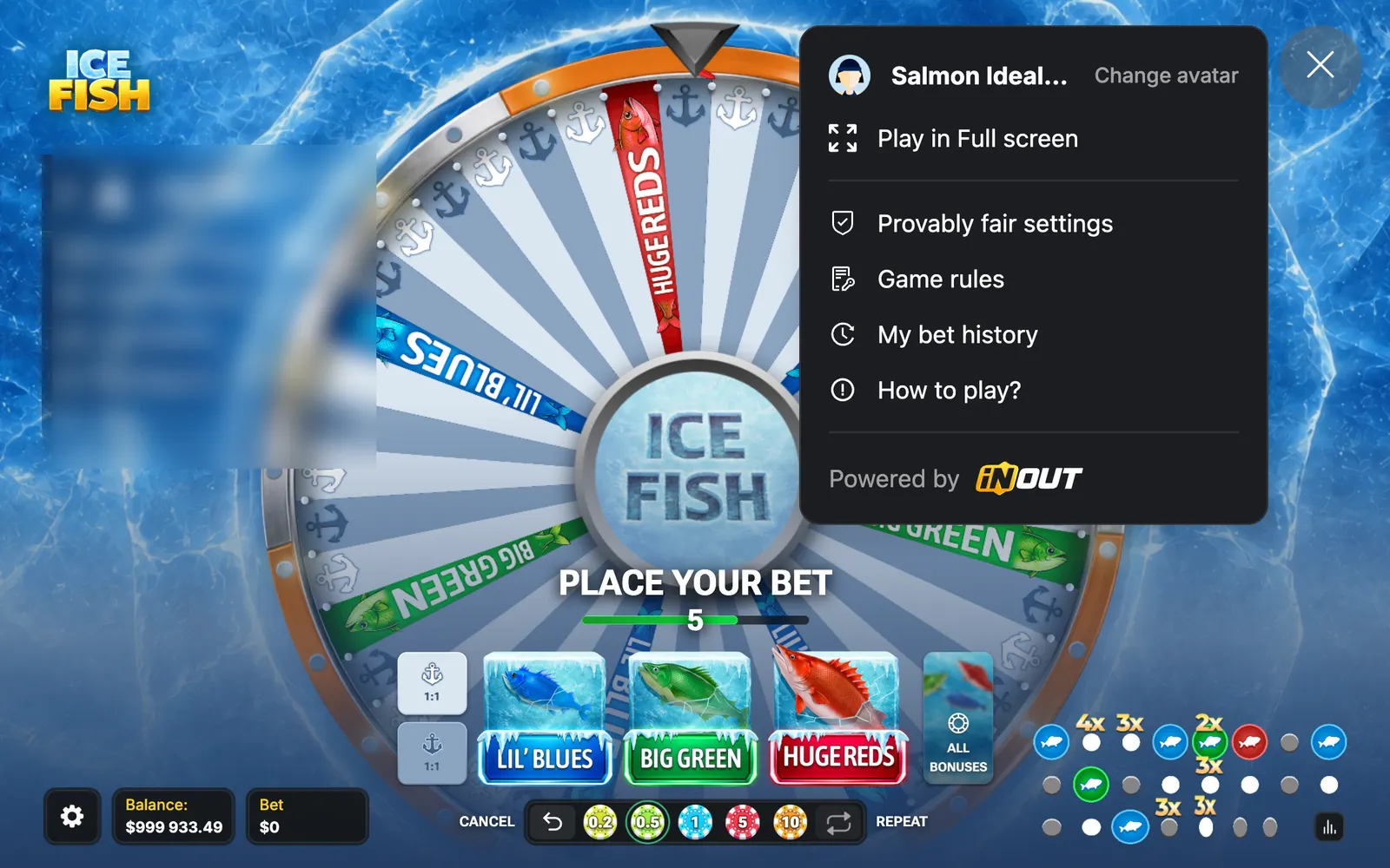 Ice Fish game menu showing provably fair settings, game rules, bet history and how to play