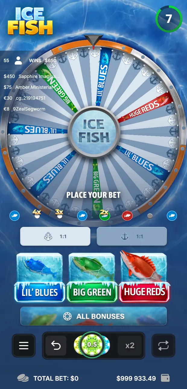 Ice Fish running in a phone browser in portrait: wheel, anchor spots, three bonus tiles and the bet controls