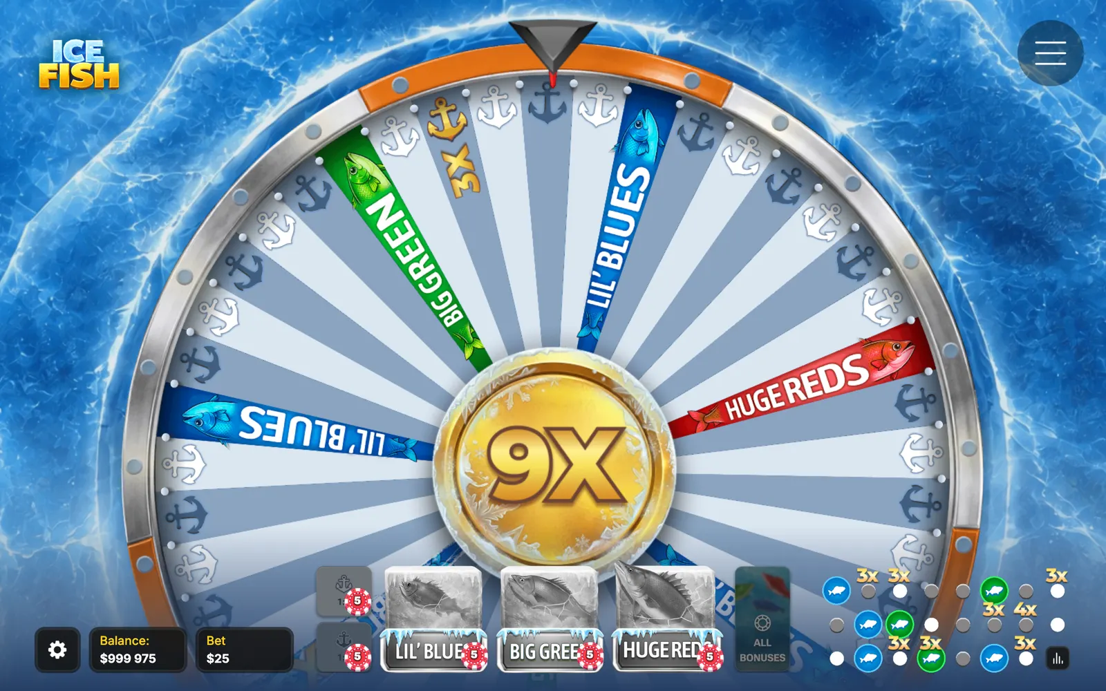 A 9x multiplier badge landing on the Ice Fish wheel after betting closed